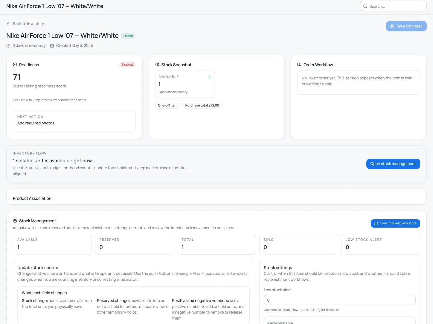 Instica item detail showing a readiness score, blocked status and the next required action