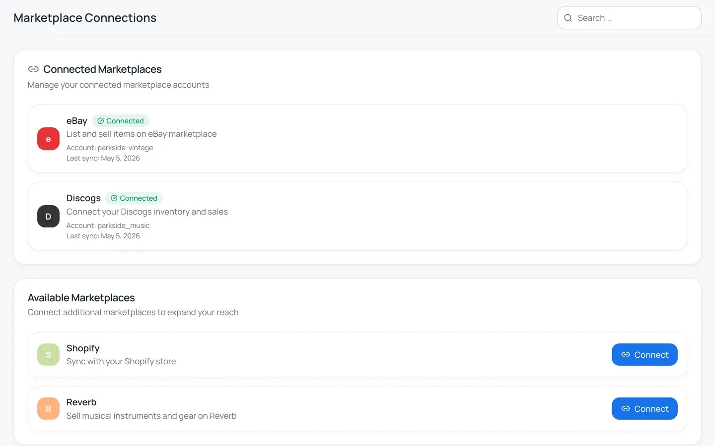Instica connections settings — eBay and Discogs connected, more channels available to connect