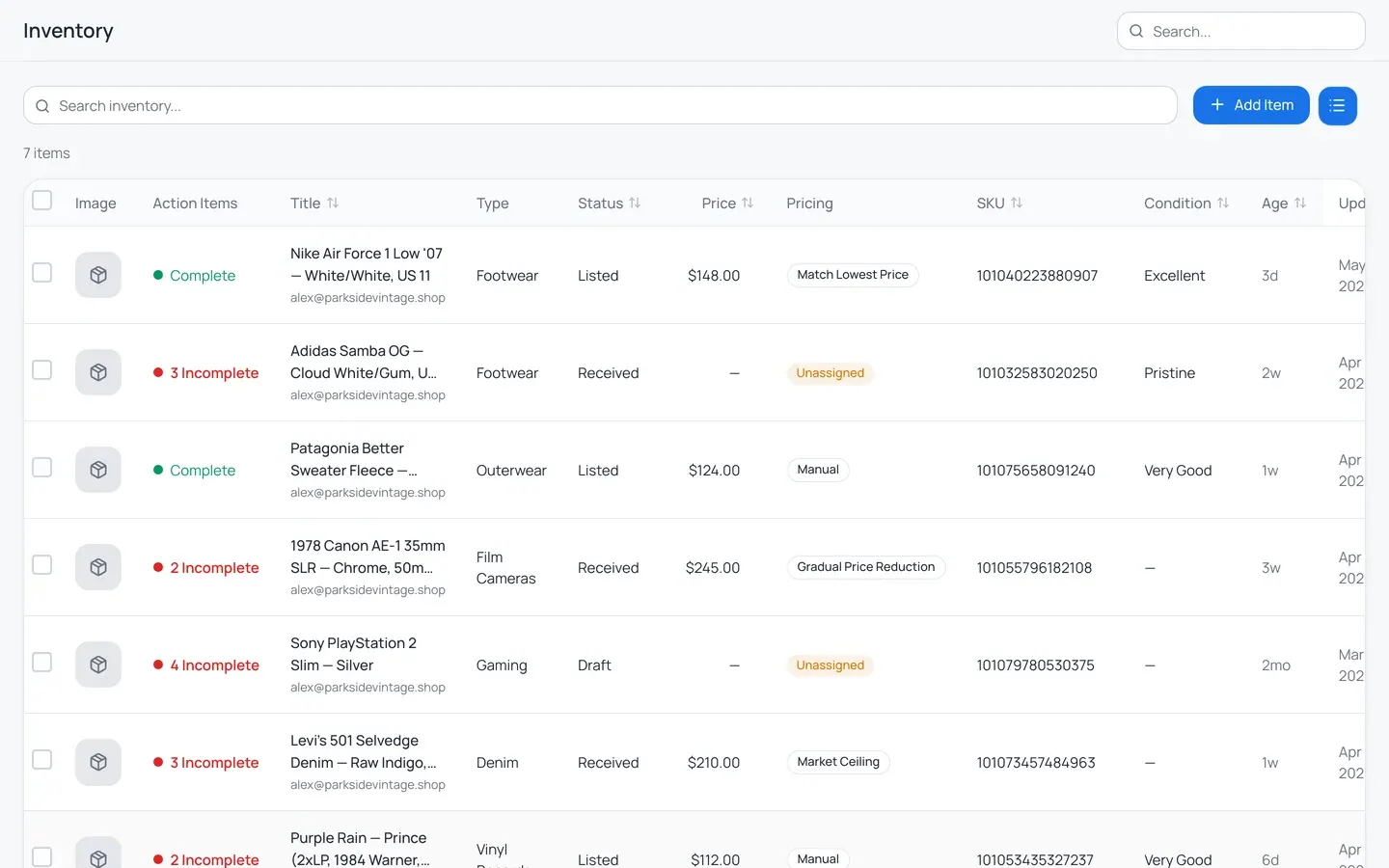 Instica inventory list showing items tracked and synced across channels in real time