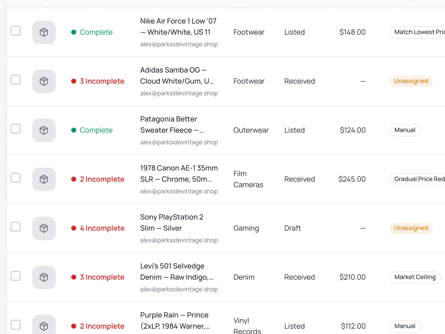 Instica inventory — one clean table across every channel you sell on