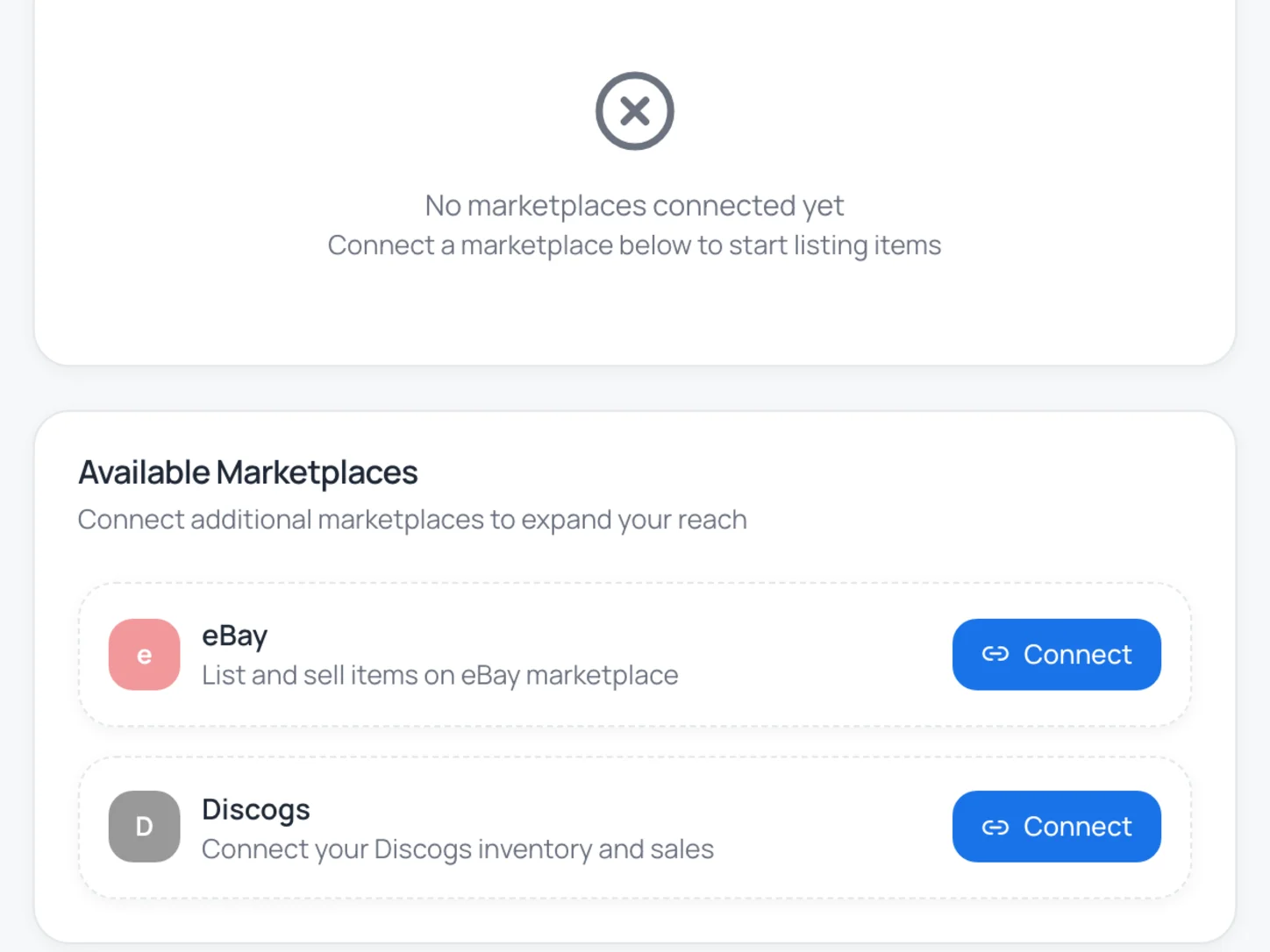 Instica marketplace connect screen — OAuth flow for linking a channel in under 90 seconds